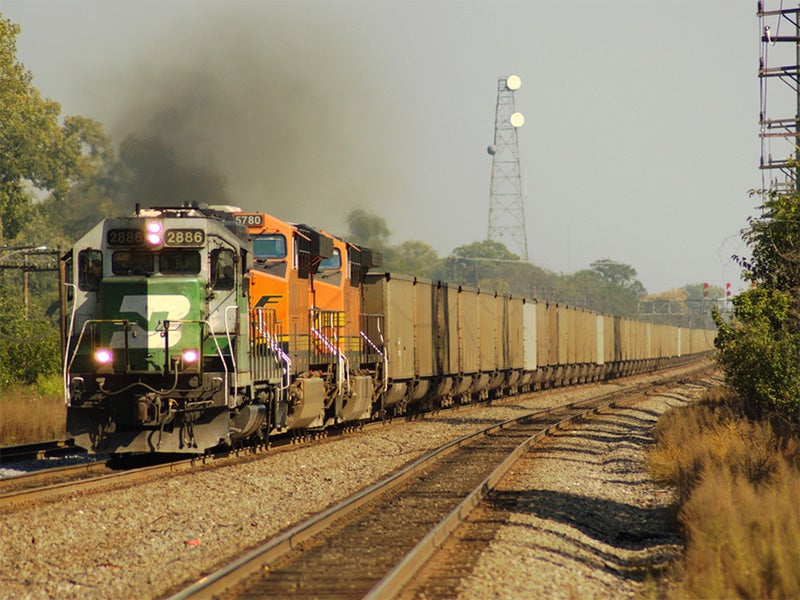A BSNF train carrying coal. A BSNF train carrying coal.