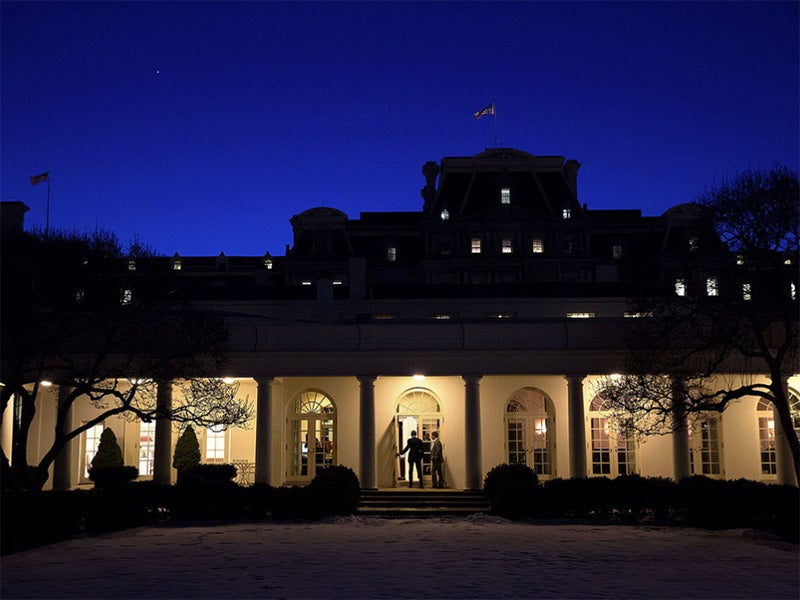 President Obama enters the Oval Office at dusk. President Obama enters the Oval Office at dusk.