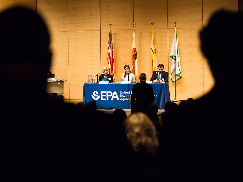 Speakers at the listening session held by the U.S. Environmental Protection Agency on the proposed repeal of the Clean Power Plan, in San Francisco on Feb. 28, 2018.
