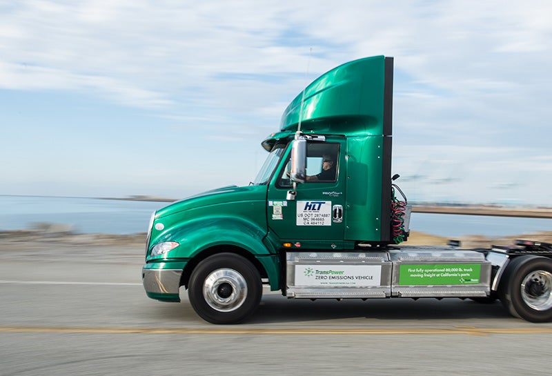 An electric heavy duty truck used to move freight at the Port of Long Beach, Calif.