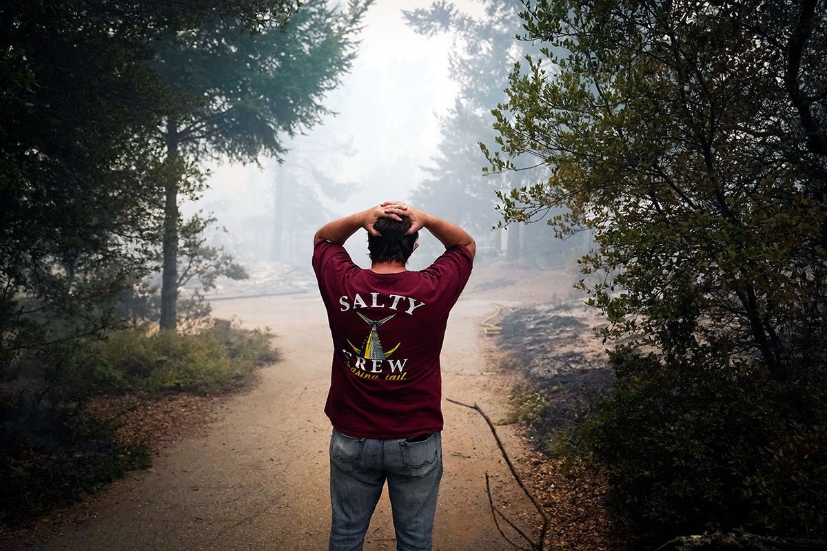 Питер Колекар реагирует на то, что увидел, как несколько домов сгорели в его районе после того, как 20 августа 2020 года в Бонни-Дун, штат Калифорния, прошел пожар комплекса молний CZU.