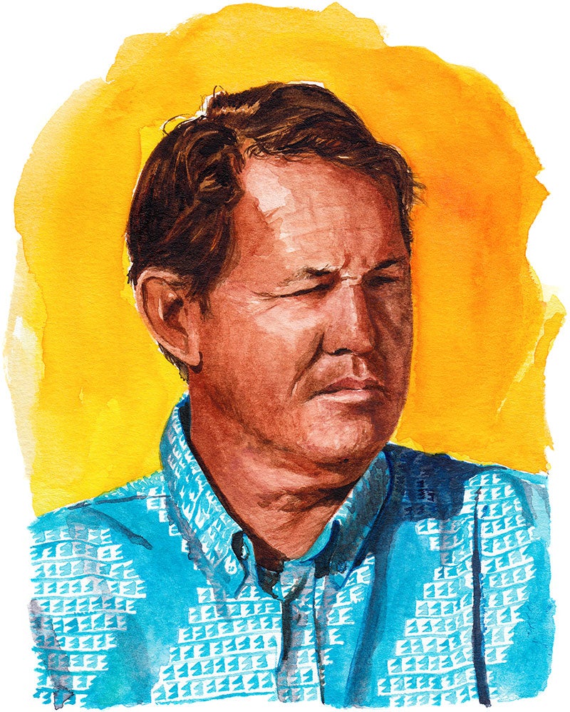Illustration of Mike Nakachi if Kailua-Kona. Blue patterned shirt.