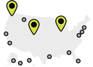 Map of Earthjustice’s office locations, with the Chicago, Denver, and Seattle locations highlighted.
