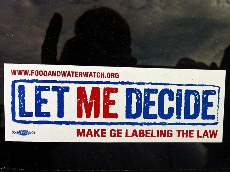 'Let ME (Maine) Decide' bumper sticker supporting GMO labeling.