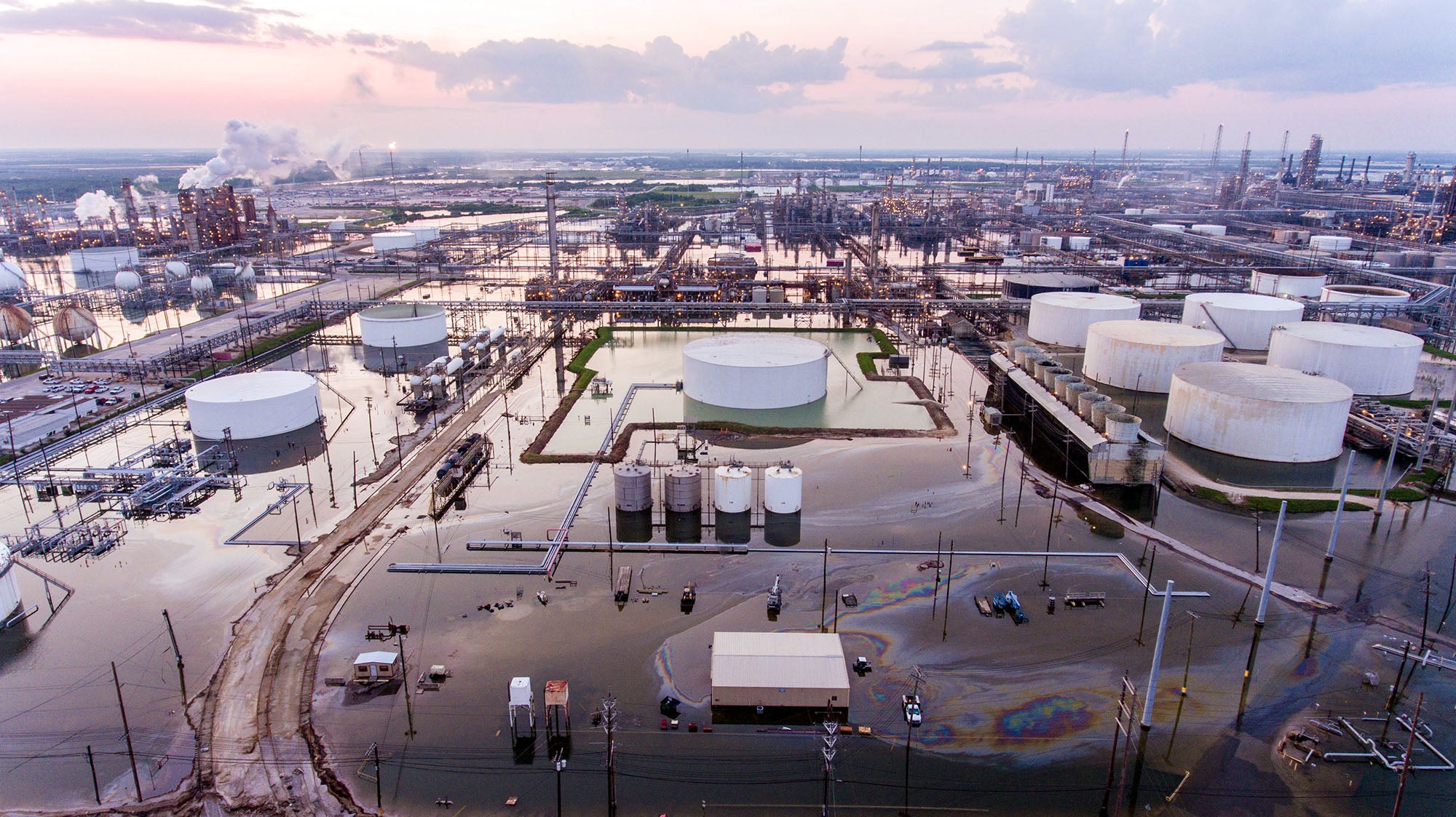 Aerial photo of the nation's largest oil refinery, owned by Motiva and located in Port Arthur, Texas, submerged in floodwaters in 2017 due to Hurricane Harvey.