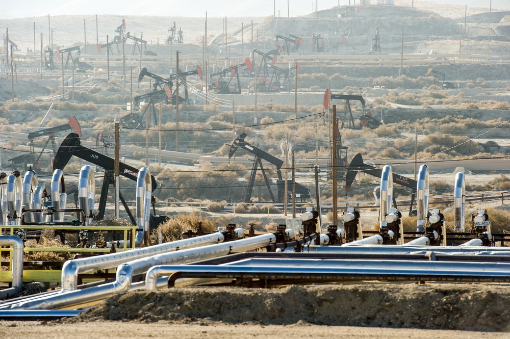 Oil field pumpjacks in Kern County, California. 