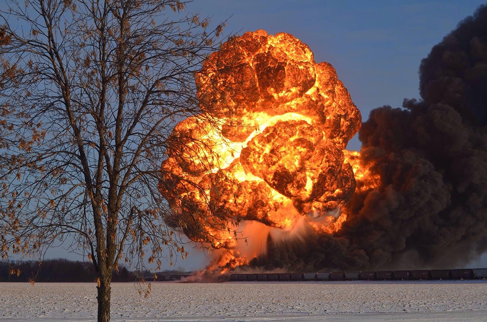 The fireball that followed the derailment and explosion of two trains, one carrying Bakken crude oil, on December 30, 2013, outside Casselton, N.D.