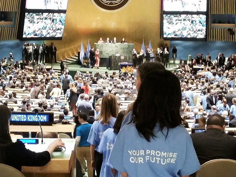 Schoolchildren, all wearing shirts with the words: “Your Promise, Our Future,” streamed down the aisles at the close of the Paris Agreement signing ceremony at the UN General Assembly in New York, April 22, 2016. Schoolchildren, all wearing shirts with the words: “Your Promise, Our Future,” streamed down the aisles at the close of the Paris Agreement signing ceremony at the UN General Assembly in New York, April 22, 2016.