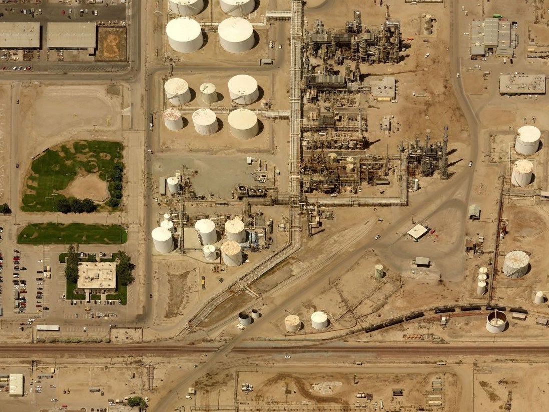 An aerial view of the Alon Bakersfield Refinery. An aerial view of the Alon Bakersfield Refinery.