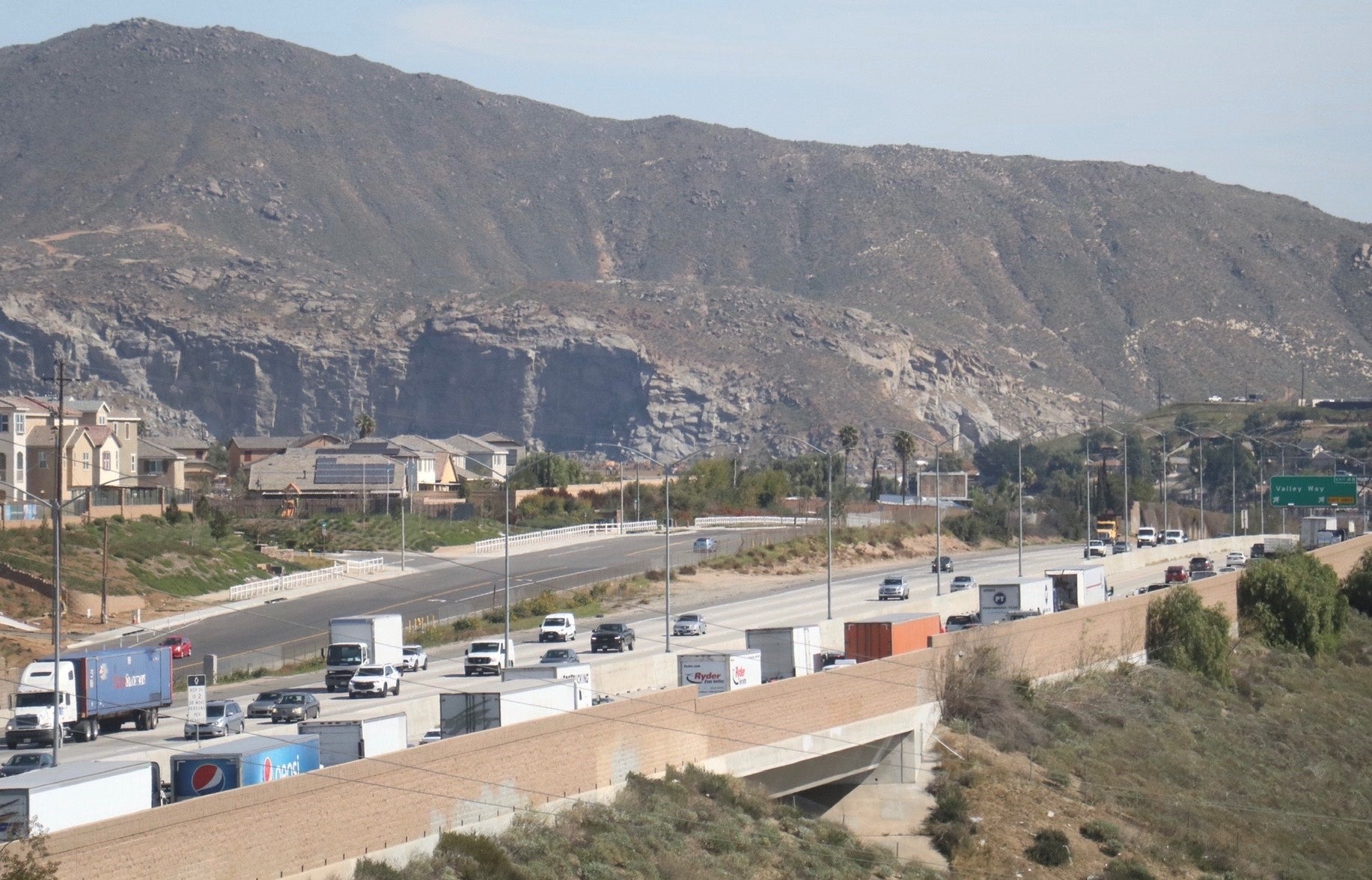 The 60 freeway runs through Jurupa Valley, California, near the offices of the Center for Community Action and Environmental Justice.