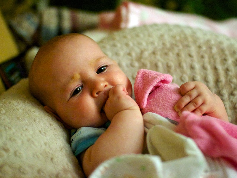 A baby rests on a nursing pillow.