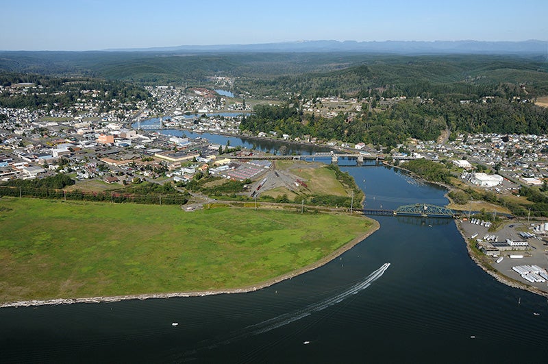 Aerial view of Grays Harbor, the site of a proposed, controversial crude-by-rail project. Aerial view of Grays Harbor, the site of a proposed, controversial crude-by-rail project.
