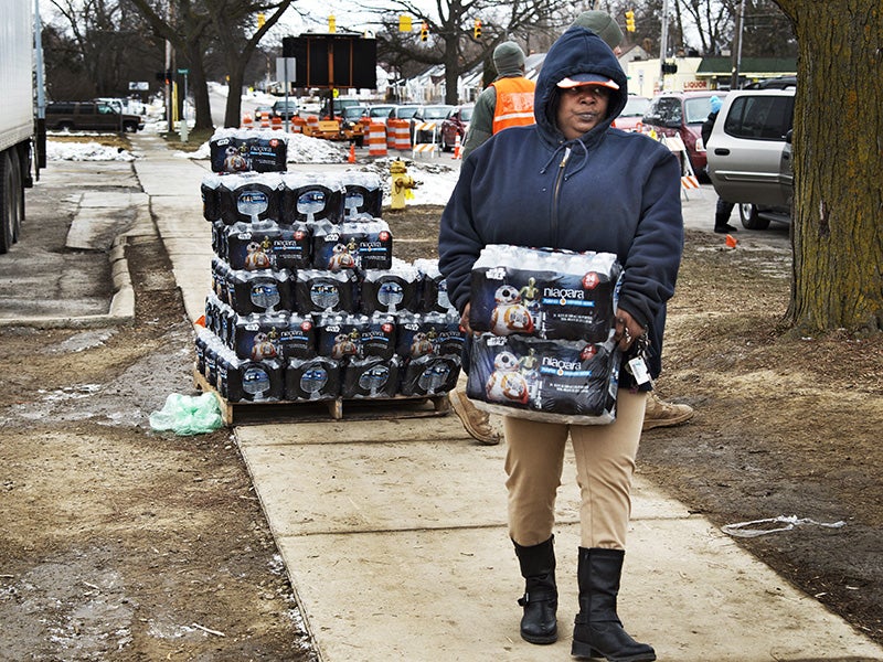 Bottled water distribution by National Guard at Fire Station 6, in downtown Flint, Michigan, on January 23, 2016.