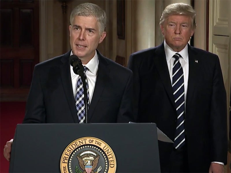 Judge Neil Gorsuch, nominee for Associate Justice to the U.S. Supreme Court, with President Donald Trump. Judge Neil Gorsuch, nominee for Associate Justice to the U.S. Supreme Court, with President Donald Trump.