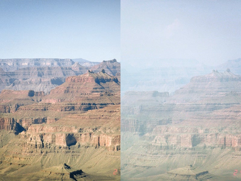 Two identical photos of Mount Trumbull in Grand Canyon National Park demonstrating the change in air quality due to regional haze pollution. Two identical photos of Mount Trumbull in Grand Canyon National Park demonstrating the change in air quality due to regional haze pollution.
