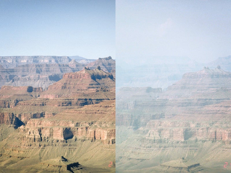 Two identical photos of Mount Trumbull in Grand Canyon National Park demonstrating the change in air quality due to regional haze pollution.