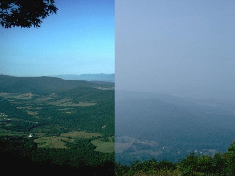 Split view of clear and hazy days in Shenandoah National Park. Split view of clear and hazy days in Shenandoah National Park.
