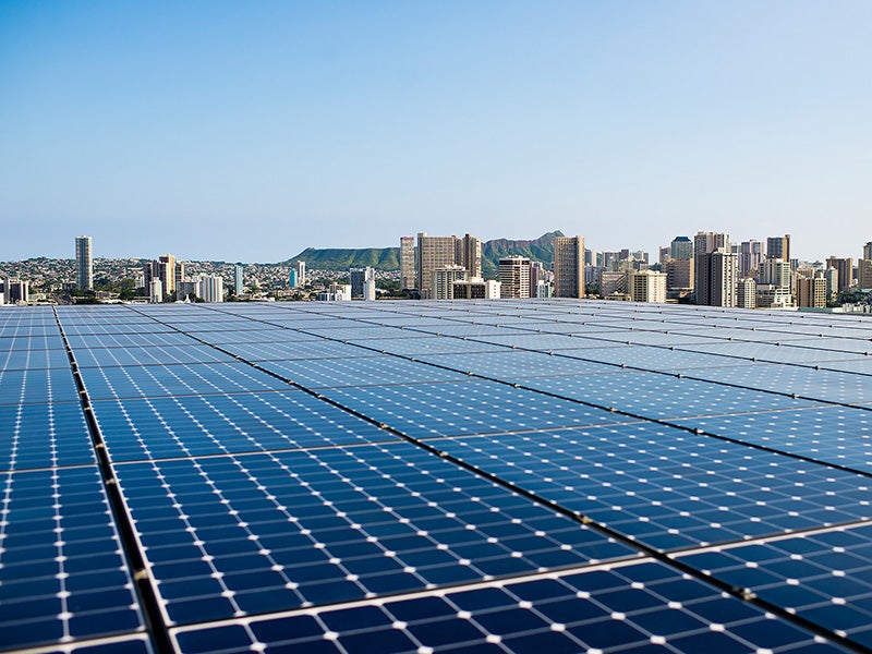 Solar panels on the roof of the Kapiʻolani Medical Center parking garage in Oahu, Hawaiʻi.