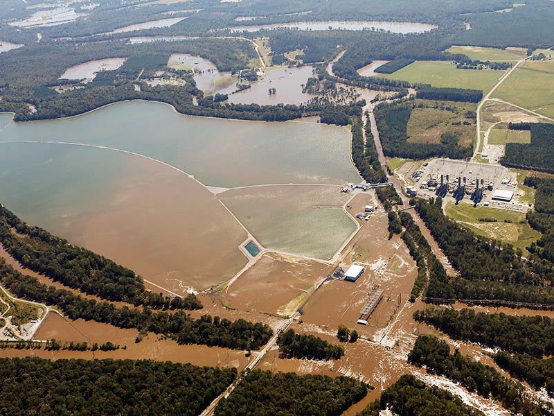 These North Carolina coal power plants and coal ash storage pits were flooded during Hurricane Matthew in 2016. Image of North Carolina coal power plants and coal ash storage pits that were flooded during Hurricane Matthew in 2016.