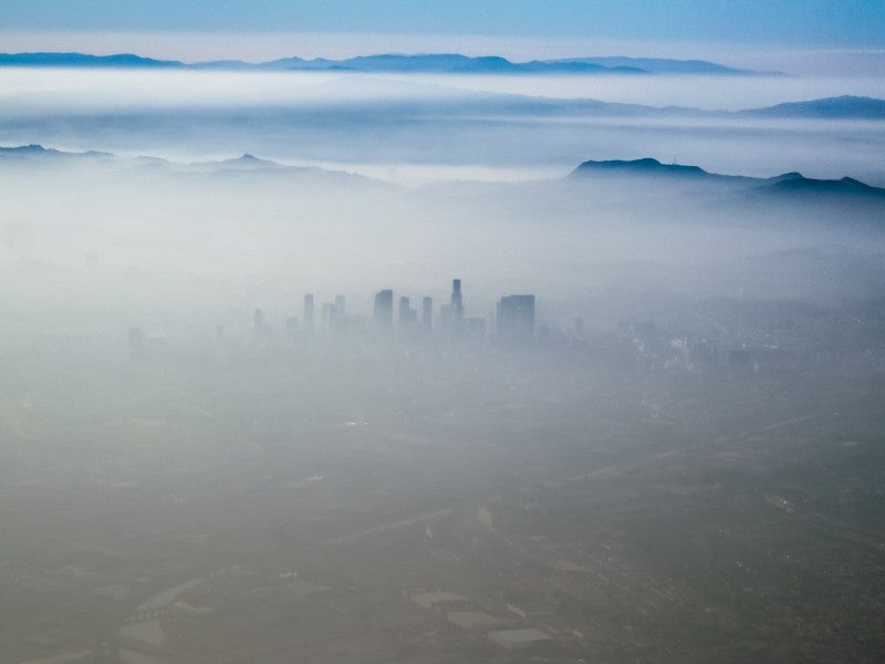 An aerial view of smog in Los Angeles, California.