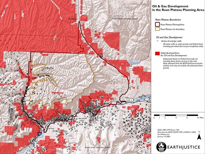 Map of oil and gas development in the Roan Plateau Planning Area, created by Earthjustice and included in litigation filings. Map of oil and gas development in the Roan Plateau Planning Area, created by Earthjustice and included in litigation filings.