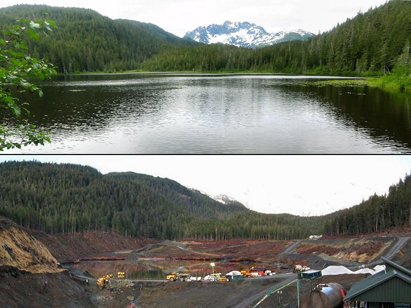 Aerial photos of Lower Slate Lake before and after the Kensington Gold Mine's dumping of mining waste. Aerial photos of Lower Slate Lake before and after the Kensington Gold Mine's dumping of mining waste.