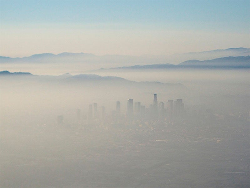Smog covers the city of Los Angeles, CA.