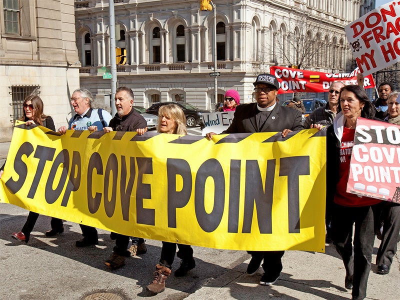 The largest environmental protest in Baltimore, MD, called on political leaders to stop Dominion Power's Cove Point liquefied natural gas export terminal on the Chesapeake Bay. The largest environmental protest in Baltimore, MD, called on political leaders to stop Dominion Power's Cove Point liquefied natural gas export terminal on the Chesapeake Bay.