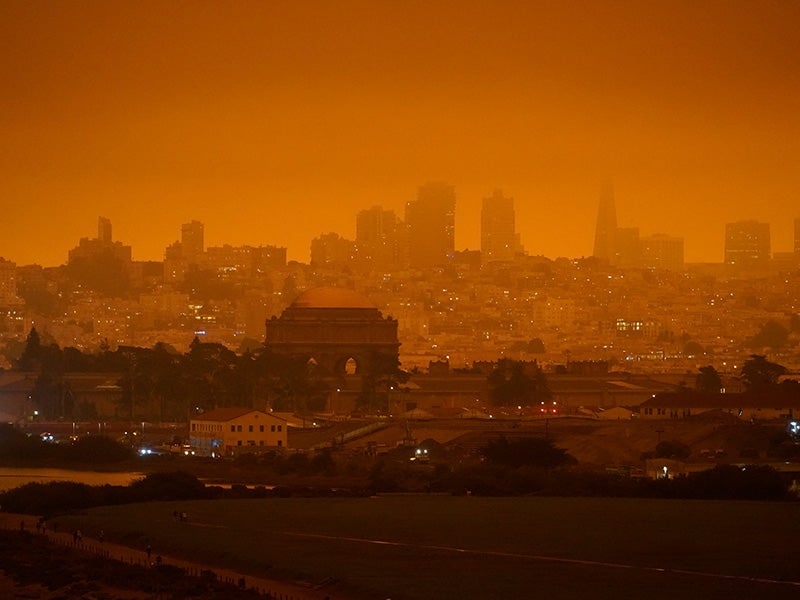 The skyline in the distance behind Crissy Field is barely visible with smoke from wildfires Wednesday, Sept. 9, 2020, in San Francisco. The skyline in the distance behind Crissy Field is barely visible with smoke from wildfires Wednesday, Sept. 9, 2020, in San Francisco.