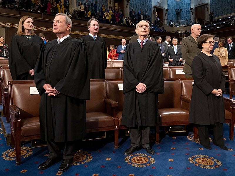 U.S. Supreme Court Justices (L-R) Amy Coney Barrett, John Roberts, Brett M. Kavanaugh, Stephen G. Breyer, and Elena Kagan attend the State of the Union address by President Joe Biden to a joint session of Congress in the U.S. Capitol House Chamber on Mar. U.S. Supreme Court Justices (L-R) Amy Coney Barrett, John Roberts, Brett M. Kavanaugh, Stephen G. Breyer, and Elena Kagan attend the State of the Union address by President Joe Biden to a joint session of Congress in the U.S. Capitol House Chamber on Mar.