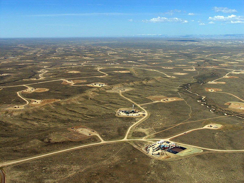 Natural gas well pads, pipelines, and other associated infrastructure in the Upper Green River Basin in Wyoming. Natural gas well pads, pipelines, and other associated infrastructure in the Upper Green River Basin in Wyoming.