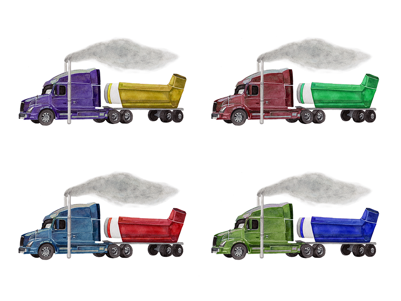 Illustration of freight trucks spewing exhaust and carrying asthma inhalers.