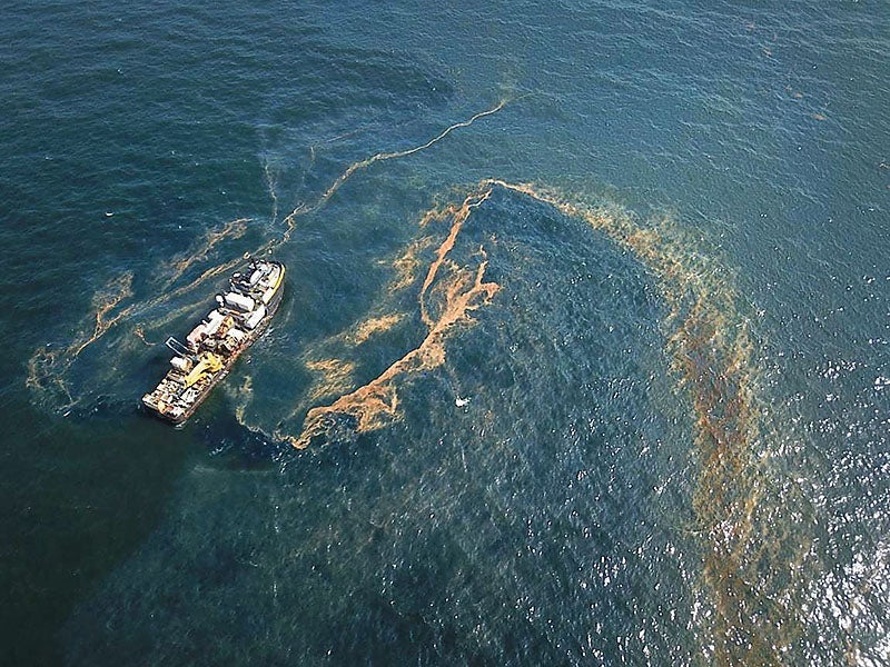 Oil on the surface of the Gulf of Mexico, before an underwater containment system was put in place at the site of the Taylor Energy spill in 2019.