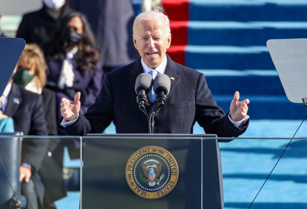U.S. President Joe Biden delivers his inaugural address on Jan. 20, 2021.
 (Rob Carr / Getty Images)