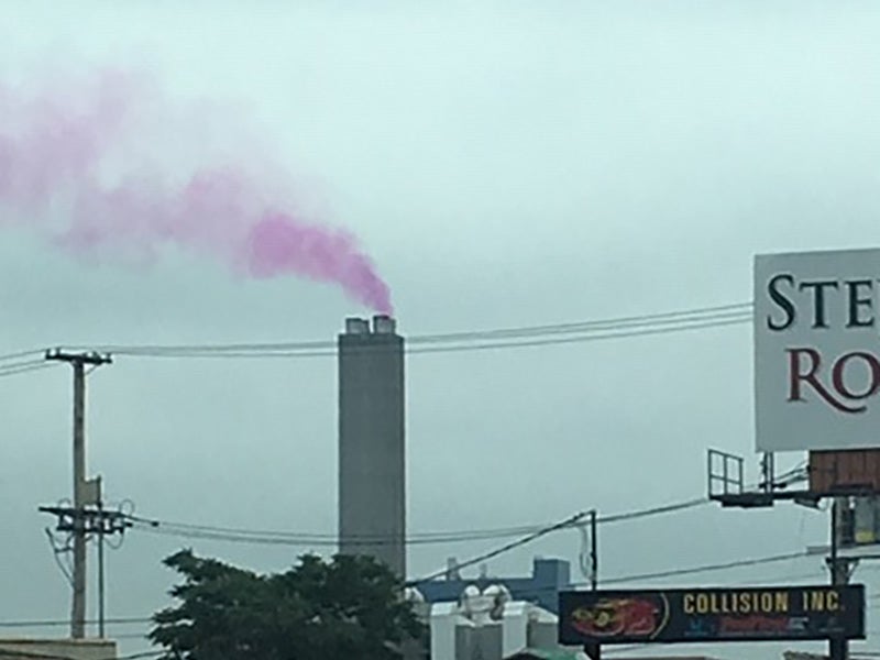 The incinerator is located in the heart of the Ironbound community and is the largest in New Jersey. Continued air violations have grown particularly noticeable this year as Newark residents and the media have photographed tinted pink smoke emanating from the incinerator’s smokestack.
(Christopher Rodrigeuz / Ironbound Community)