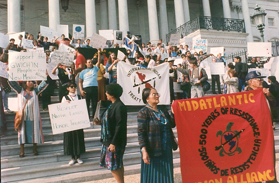 Participants in the First National People of Color Leadership Summit hold a rally at the U.S. Capitol in Washington, D.C., in 1991.
