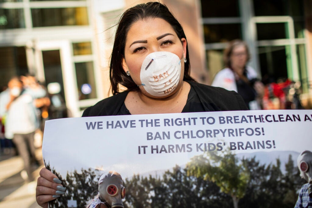 California activists rallied after a public hearing in 2018 on restricting the uses of chlorpyrifos
 (Max Whittaker / New York Times)
