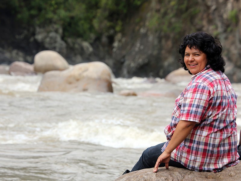 Berta Cáceres on the banks of the Gualcarque River in the Rio Blanco region of western Honduras. / Goldman Environmental Prize