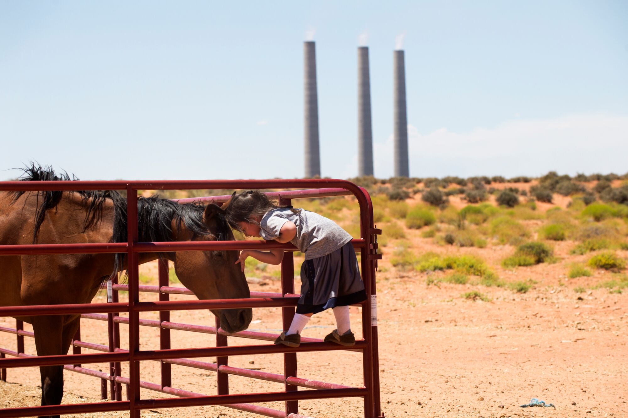 A young child climbs on red metal gate. Child's hand is touching the head of a horse that is standing behind the gate. The Navajo Generating Station looms in the background, near Page, Ariz.