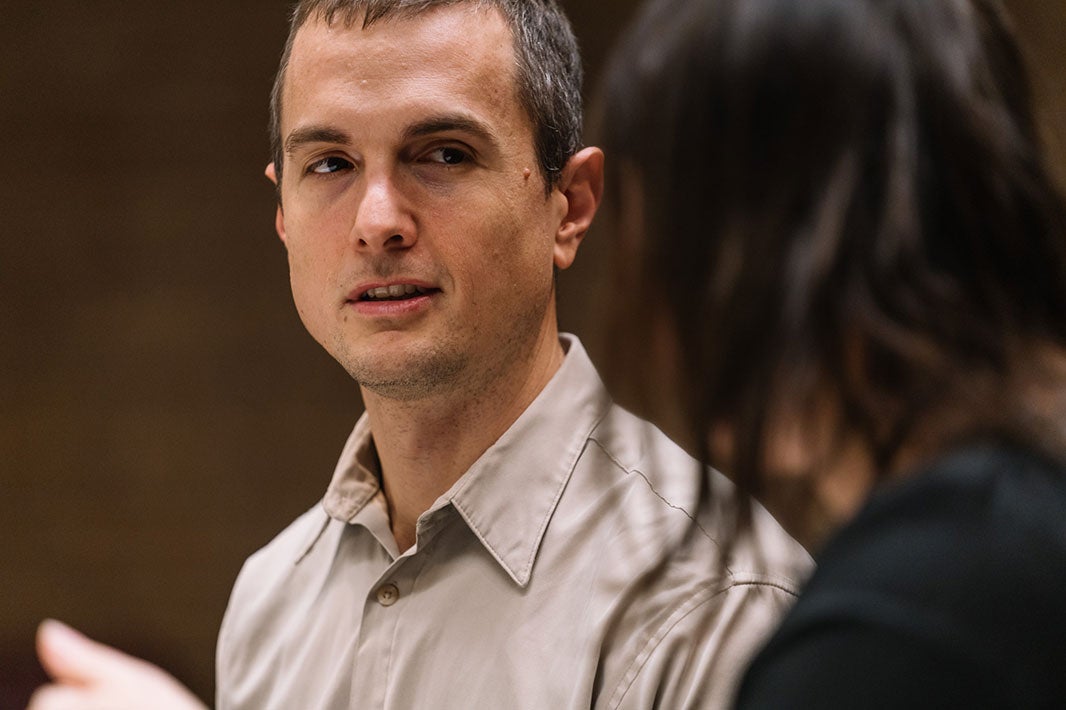 Earthjustice attorney Jonathan Smith speaks with professor Ana Baptista at a public meeting at Essex County College in Newark, N.J., in 2019.