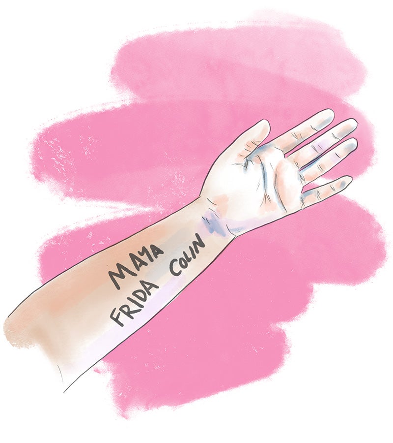 Illustration of the names 'Maya,' 'Frida,' and 'Colin' written on Marcela's arm.