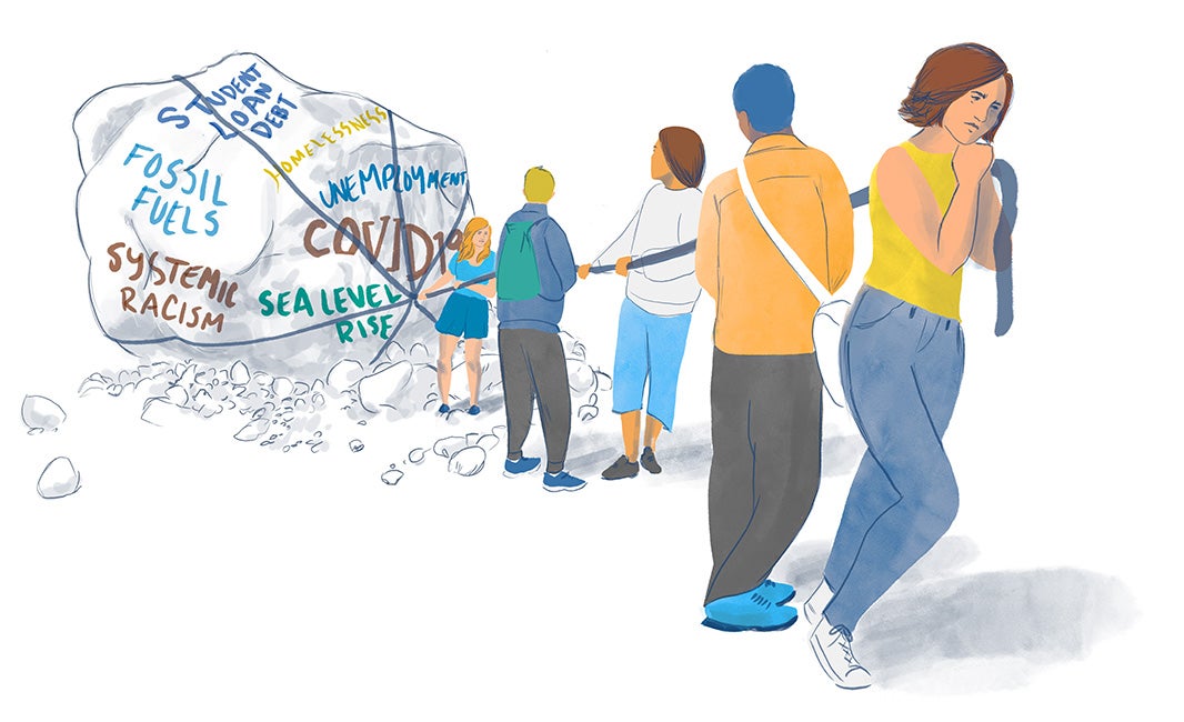 Illustration of five people collectively pulling on a rope to drag a giant boulder with the words 'student load debt,' 'fossil fuels,' 'systemic racism,' 'homelessness,' 'unemployment,' 'unemployment,' 'COVID-19,' 'sea level rise' written on it.