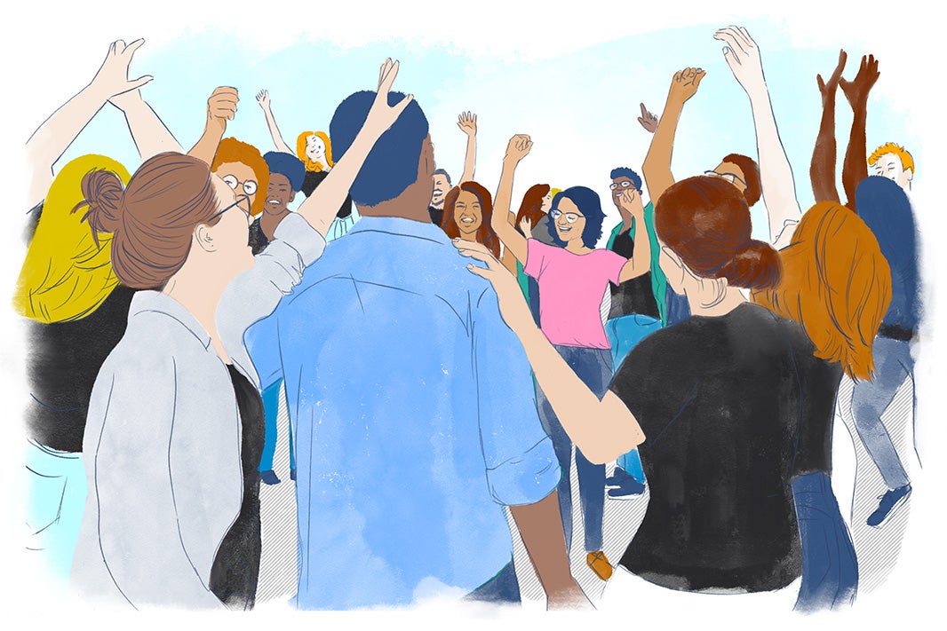 Illustration of organizers cheering, smiling, and dancing.