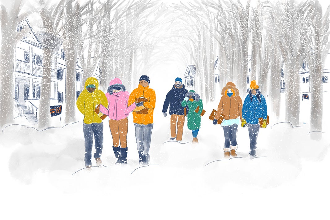 Illustration of seven youth clad in winter gear, holding clipboards, walking in a snowy landscape as snow falls.