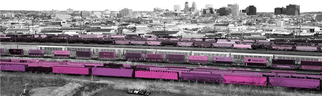 Ilustración en rosa y violeta de trenes en las líneas ferroviarias que rodean la comunidad de Ironbound.