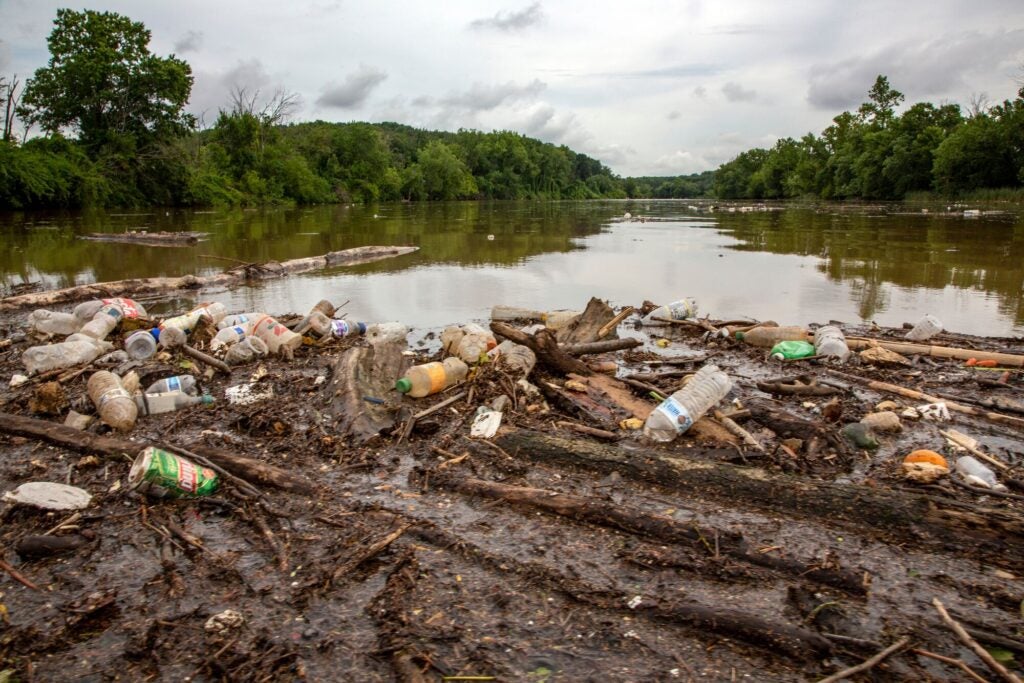 Empty plastic bottles and other forms of trash lie along the bank of the Anacostia River.