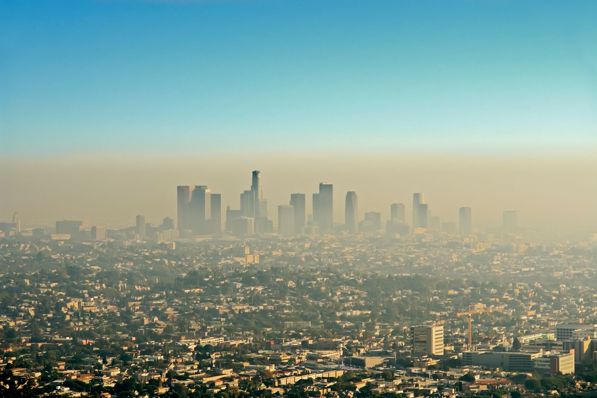 Wide shot of the downtown Los Angeles skyline bathed in smog. View from Griffith Park.