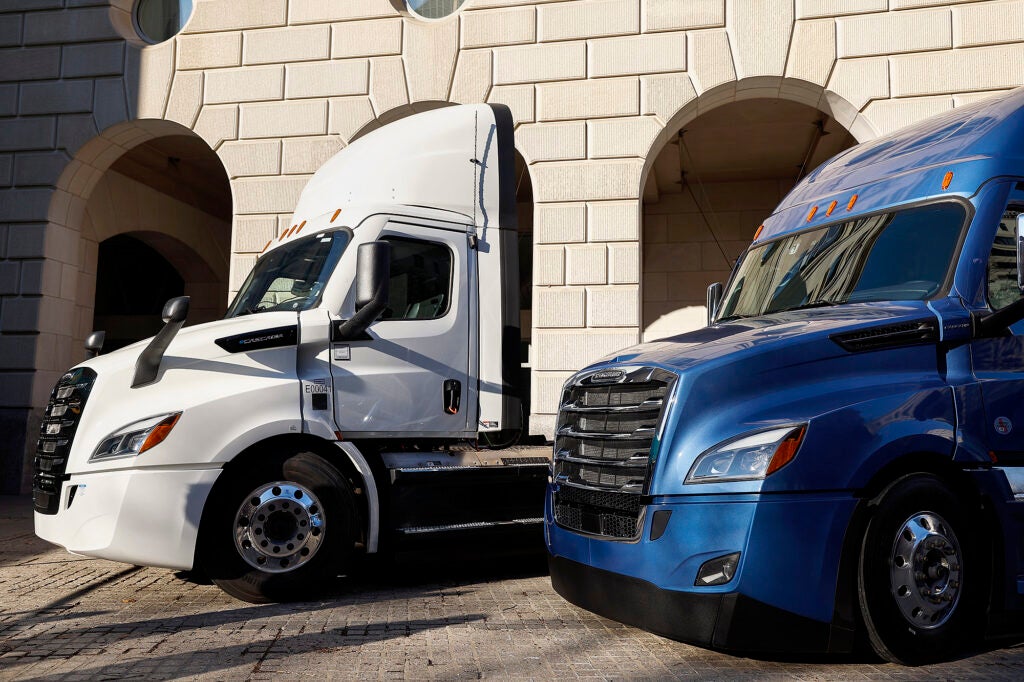 Clean and electric trucks sit on display at an event on new national clean air standards for heavy-duty trucks near the U.S. Environmental Protection Agency Headquarters on December 20, 2022 in Washington, DC. (Anna Moneymaker / Getty Images)