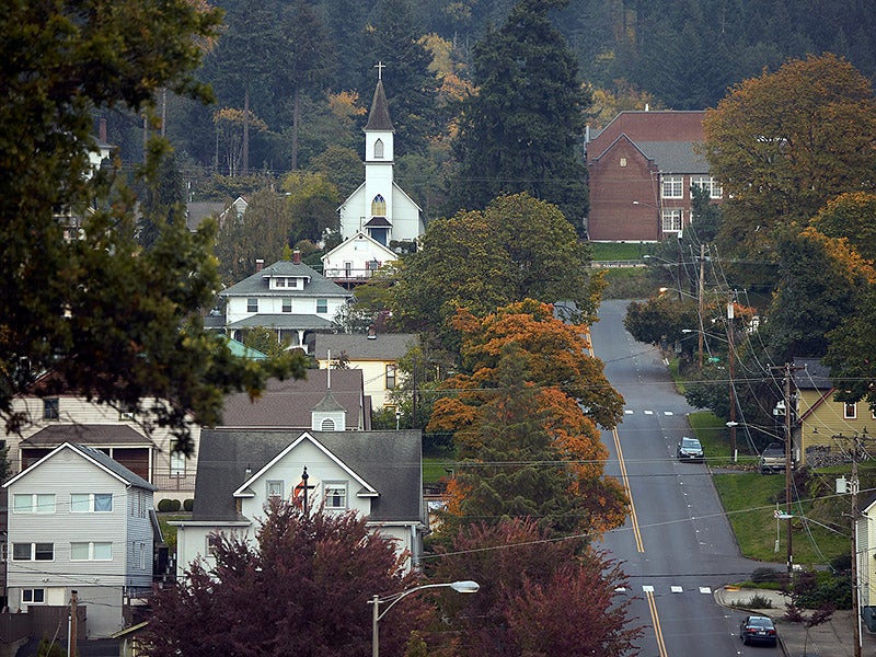 Houses dot the hillside of Kalama, Washington, on October 19, 2021.
