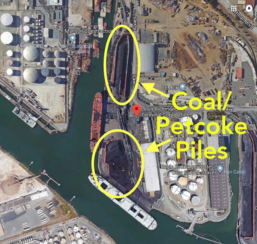 A aerial graphic showing the coal and petroleum coke piles that are being shipped from Richmond, CA. The coal is shipped into the community and the petroleum coke is made at the local oil refinery.